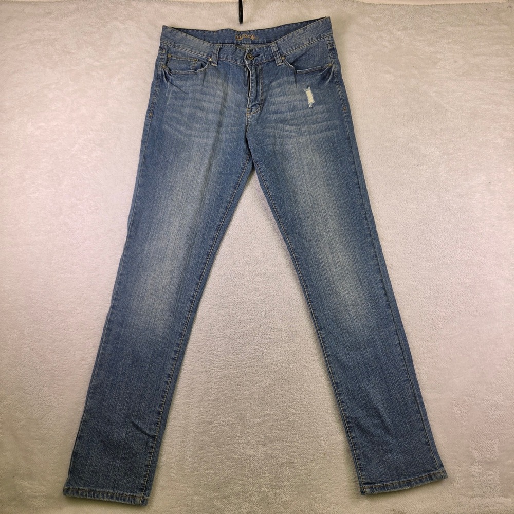 Carbon Mens Medium Wash Distressed Straight Leg Denim Jeans Size 34x32